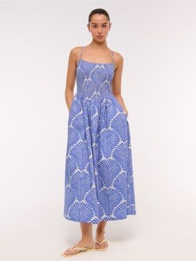 Abercrombie & Fitch Blue White Palm Print Smocked Midi Dress XXLT Tall Pockets